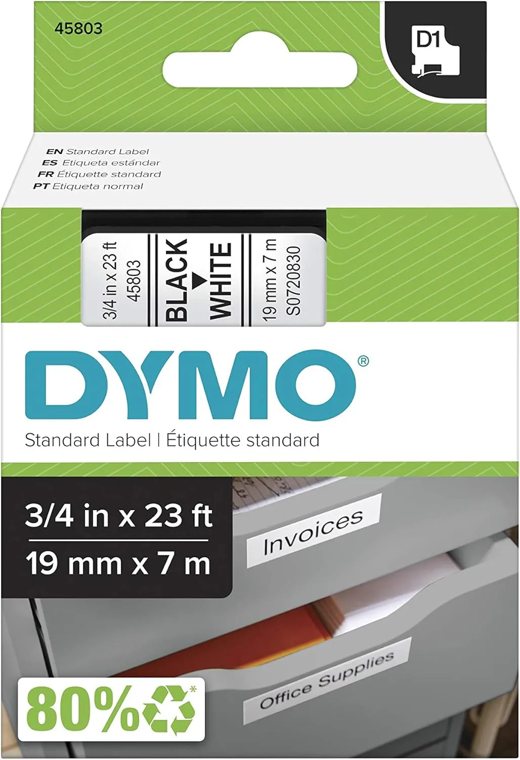 DYMO Authentic Standard D1 Labeling Tape for LabelManager Label Makers, Black Print on White Tape, 3/4'' W x 23' L, 1 Cartridge