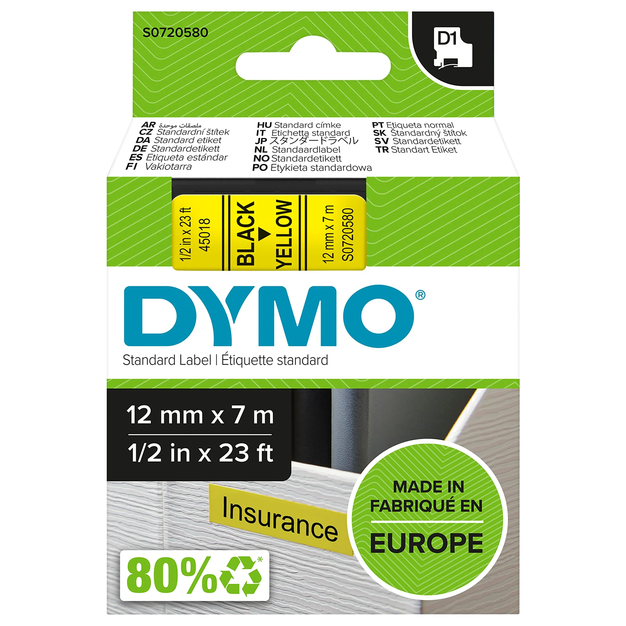 DYMO D1 45018 Black-On-Yellow Tape, 0.5in x 23ft