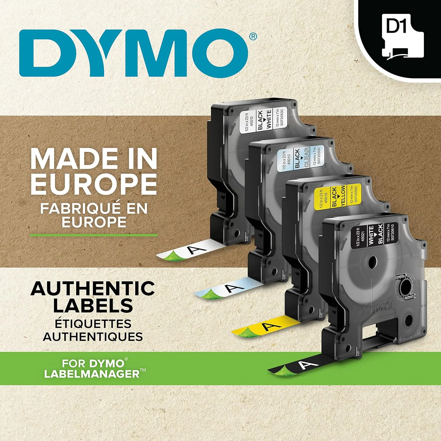 DYMO D1 45018 Black-On-Yellow Tape, 0.5in x 23ft