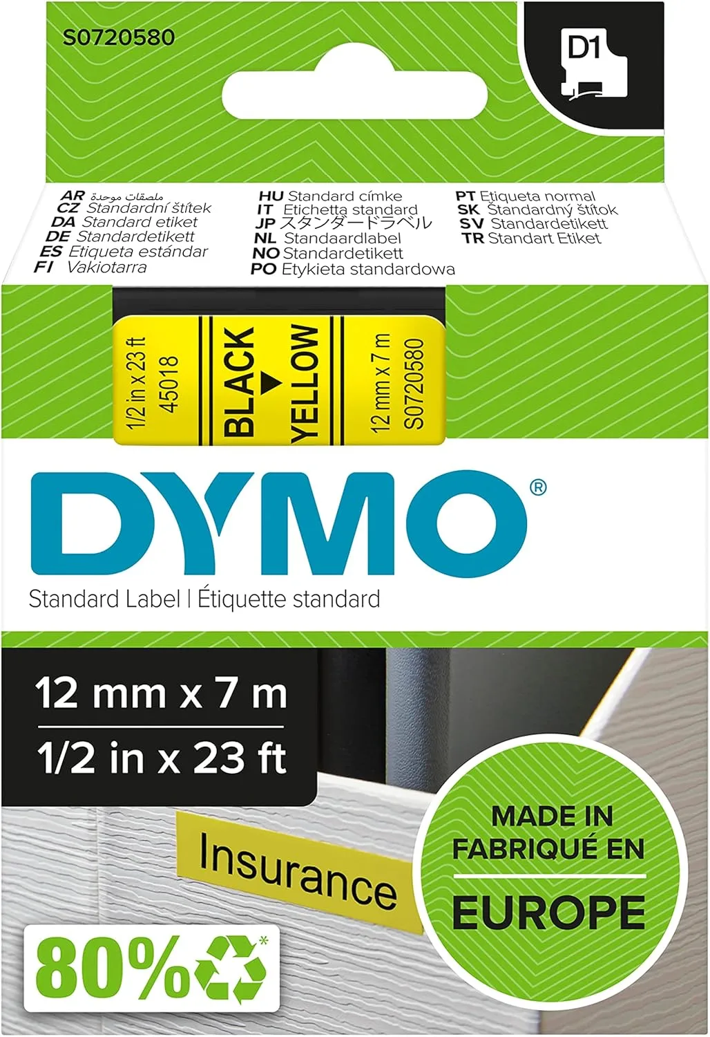 DYMO D1 45018 Black-On-Yellow Tape, 0.5in x 23ft