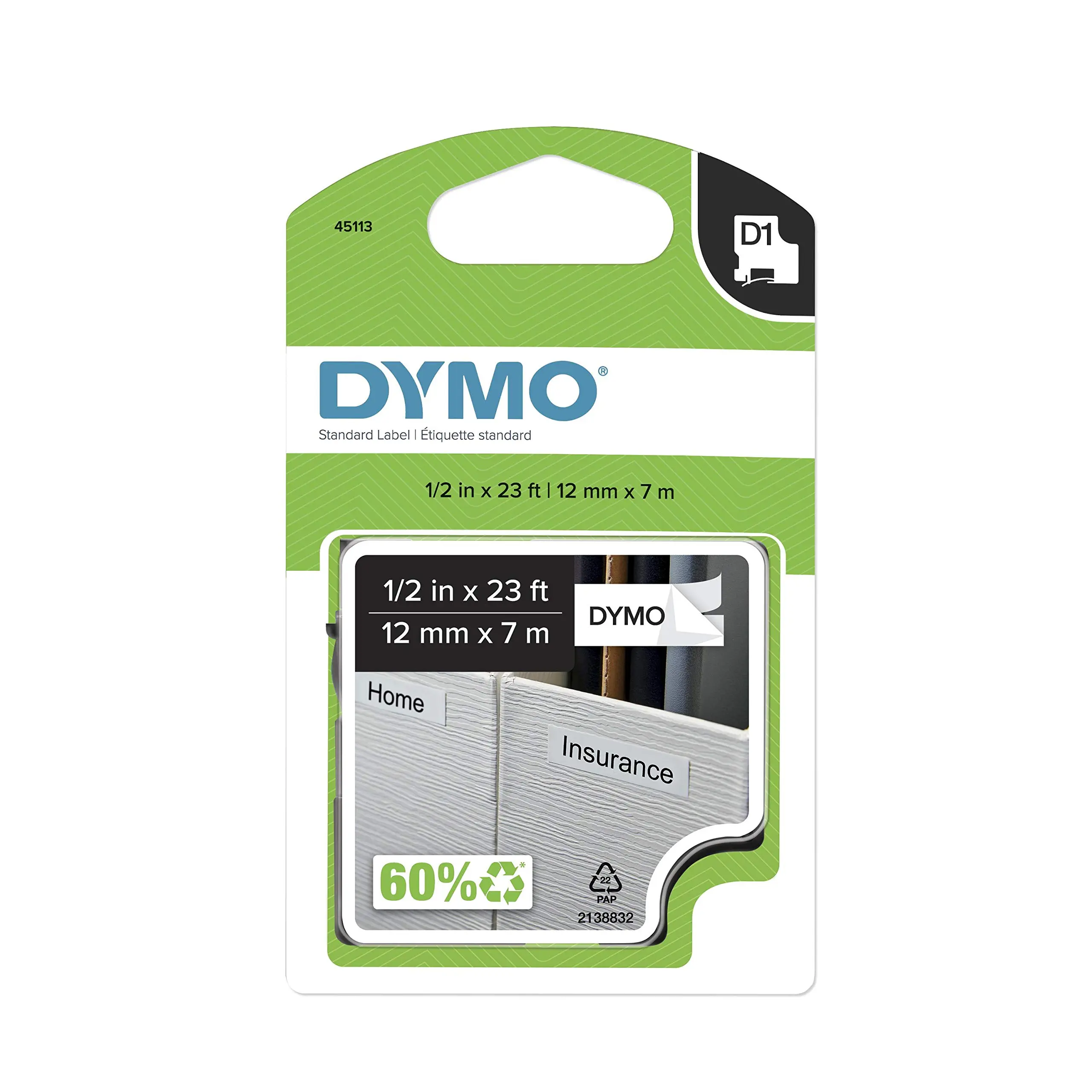 DYMO D1 Label Tape 1/2in x 23ft, Black on White (Model 45113)