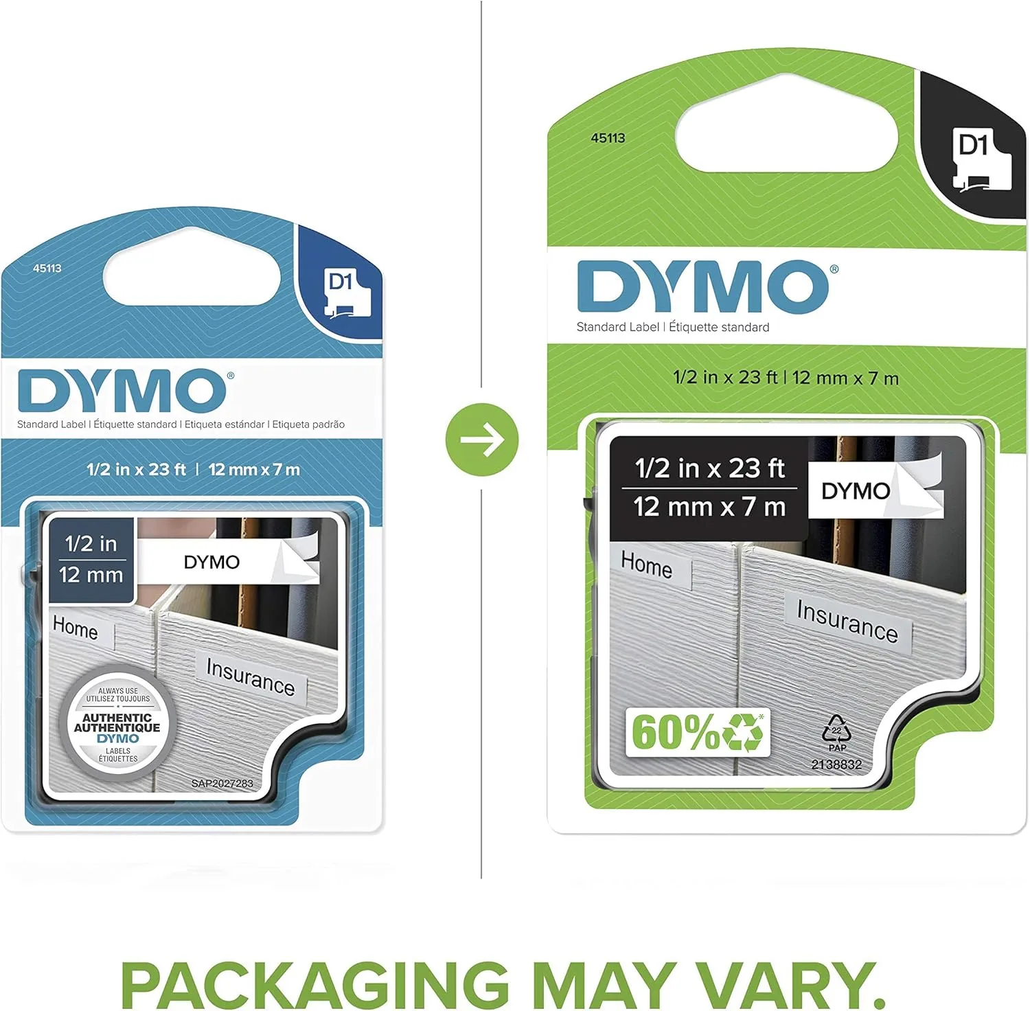 DYMO D1 Label Tape 1/2in x 23ft, Black on White (Model 45113)