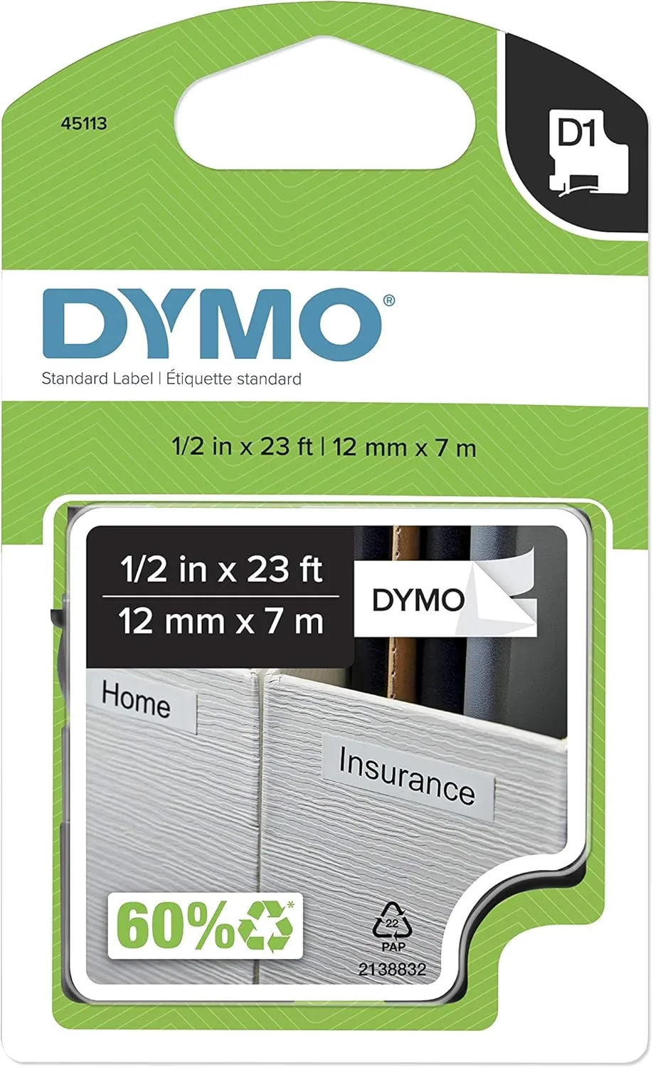 DYMO D1 Label Tape 1/2in x 23ft, Black on White (Model 45113)