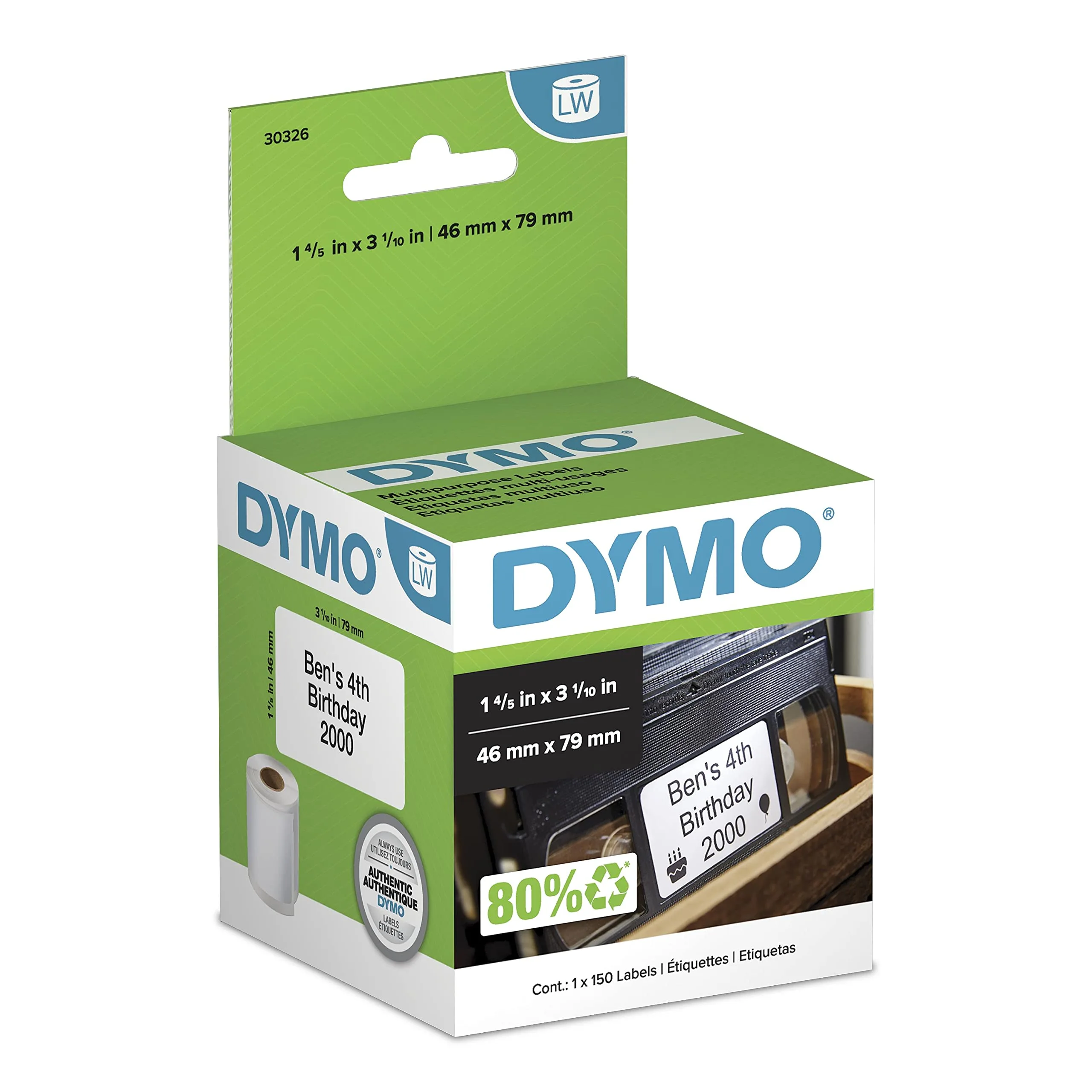 DYMO Authentic LW Video Top Labels, 1-4/5" x 3-1/10", 1 Roll of 150