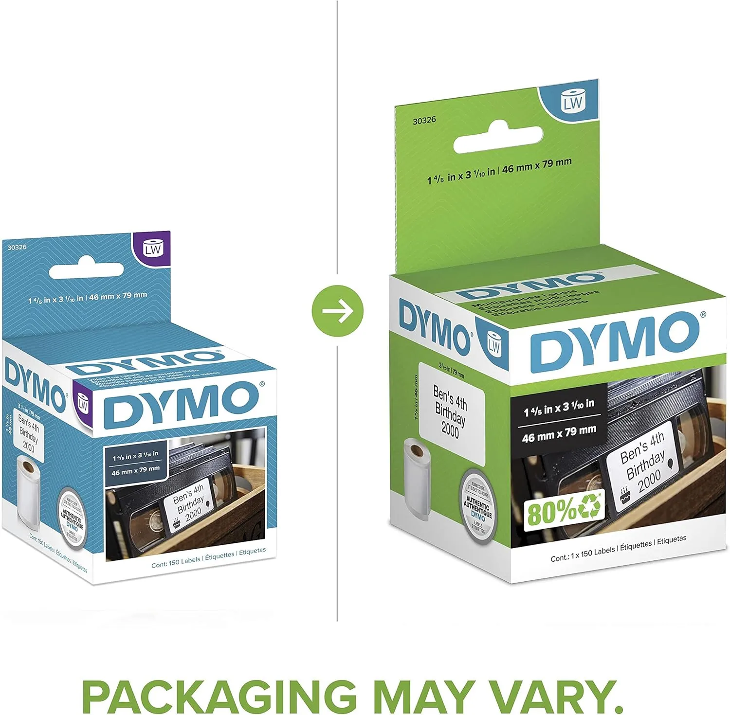 DYMO Authentic LW Video Top Labels, 1-4/5" x 3-1/10", 1 Roll of 150
