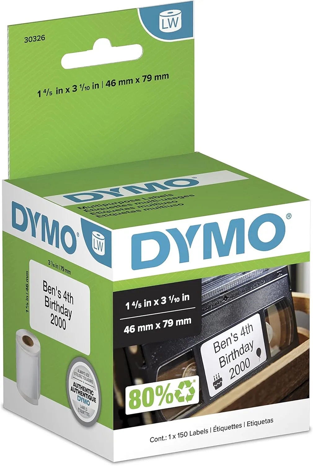 DYMO Authentic LW Video Top Labels, 1-4/5" x 3-1/10", 1 Roll of 150