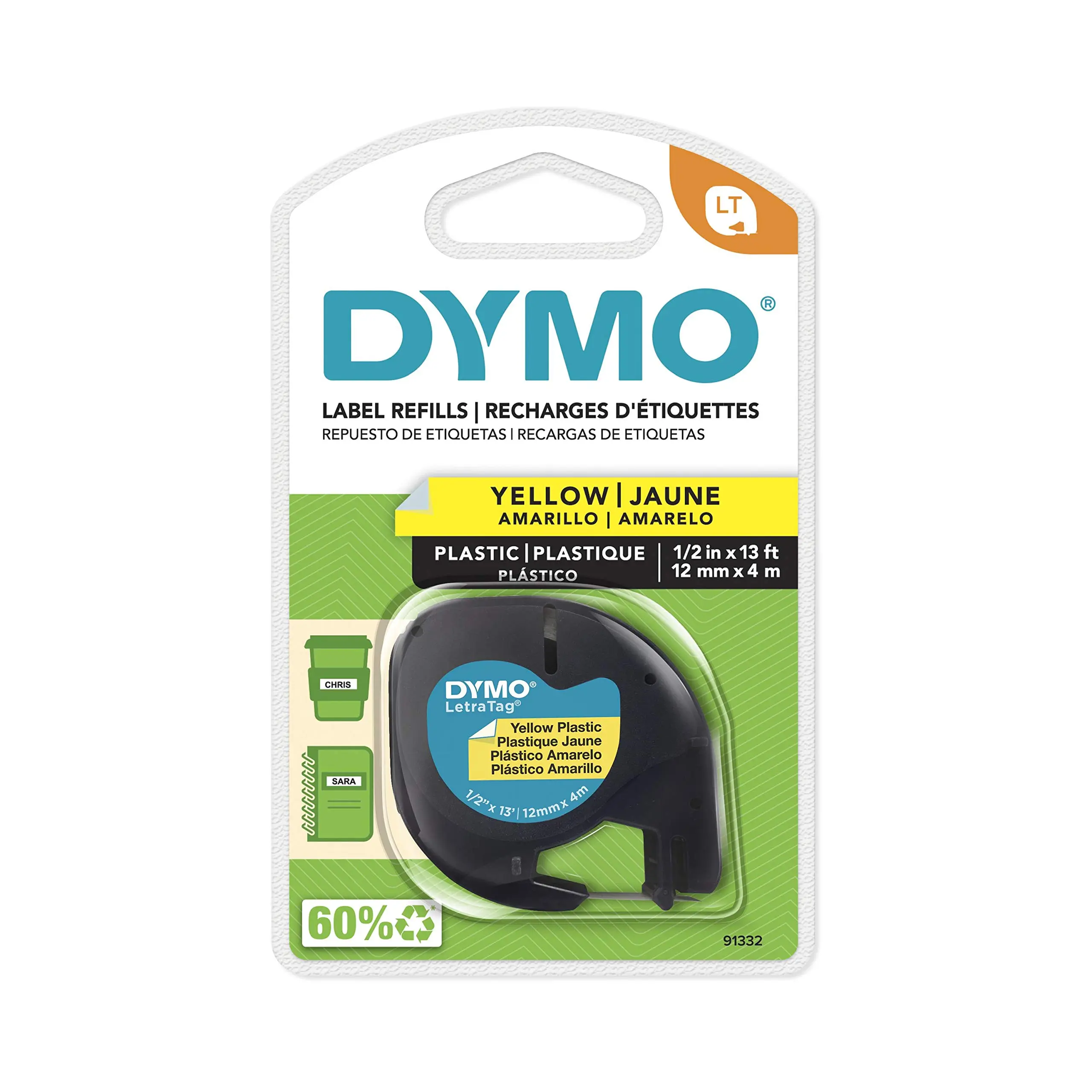 DYMO LetraTag Labeling Tape, Black on Yellow, 1/2" x 13' (91332)