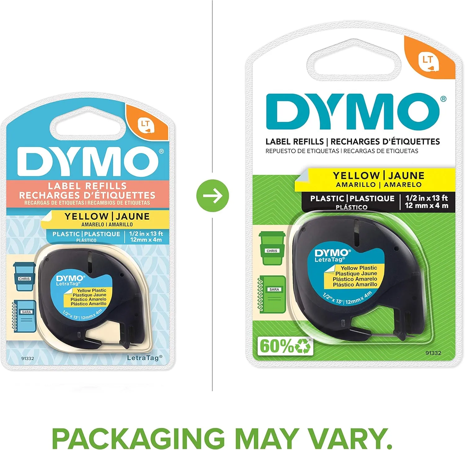 DYMO LetraTag Labeling Tape, Black on Yellow, 1/2" x 13' (91332)