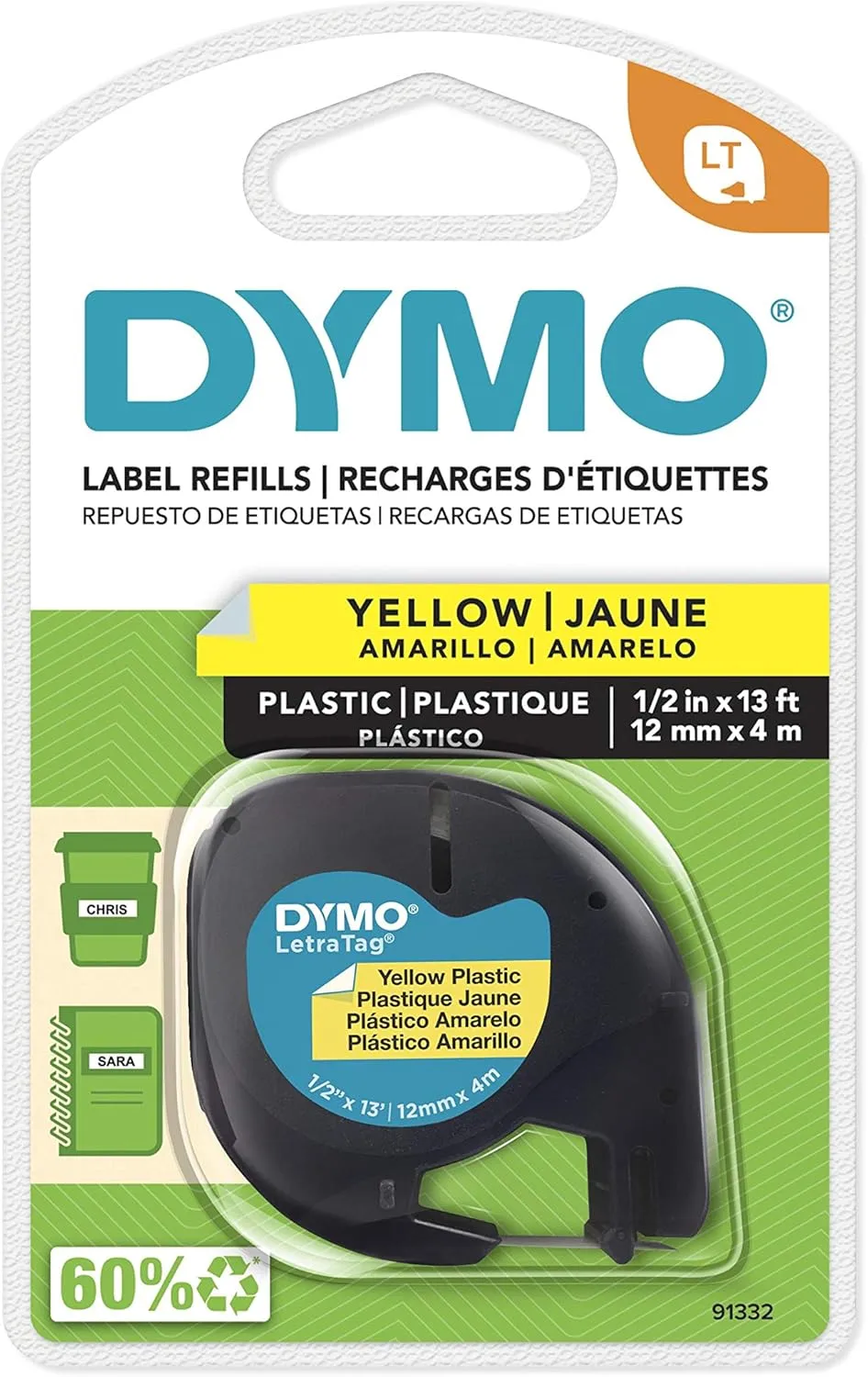 DYMO LetraTag Labeling Tape, Black on Yellow, 1/2" x 13' (91332)