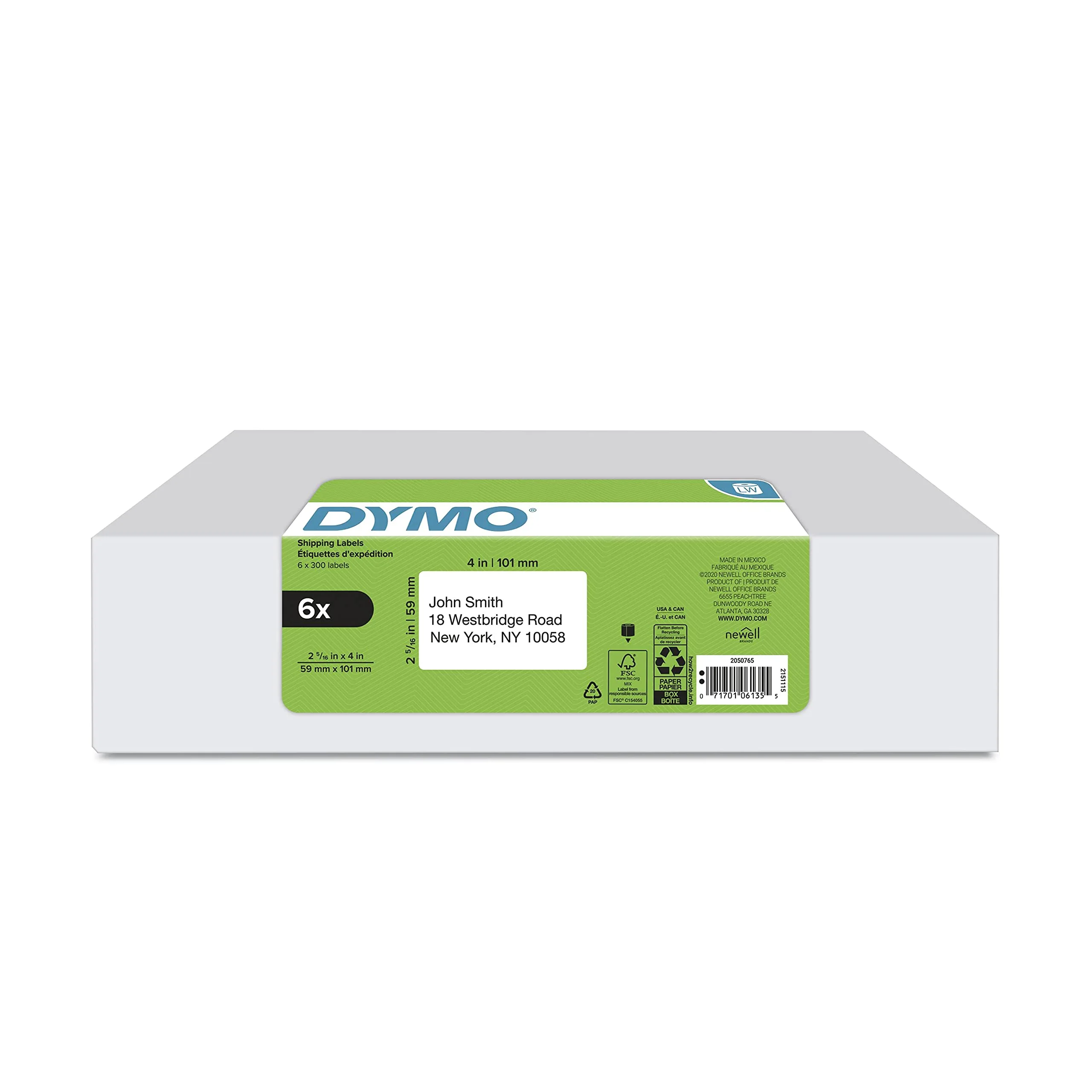 DYMO Authentic LW Large Shipping Labels, 2-5/16" x 4", 6 Rolls (1800 Labels)