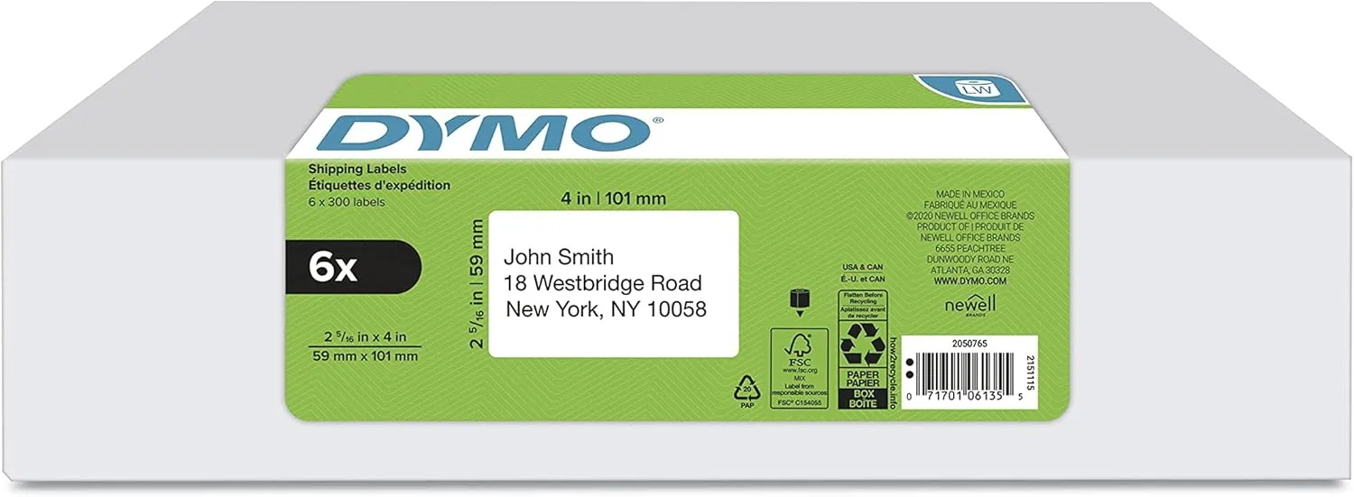 DYMO Authentic LW Large Shipping Labels, 2-5/16" x 4", 6 Rolls (1800 Labels)