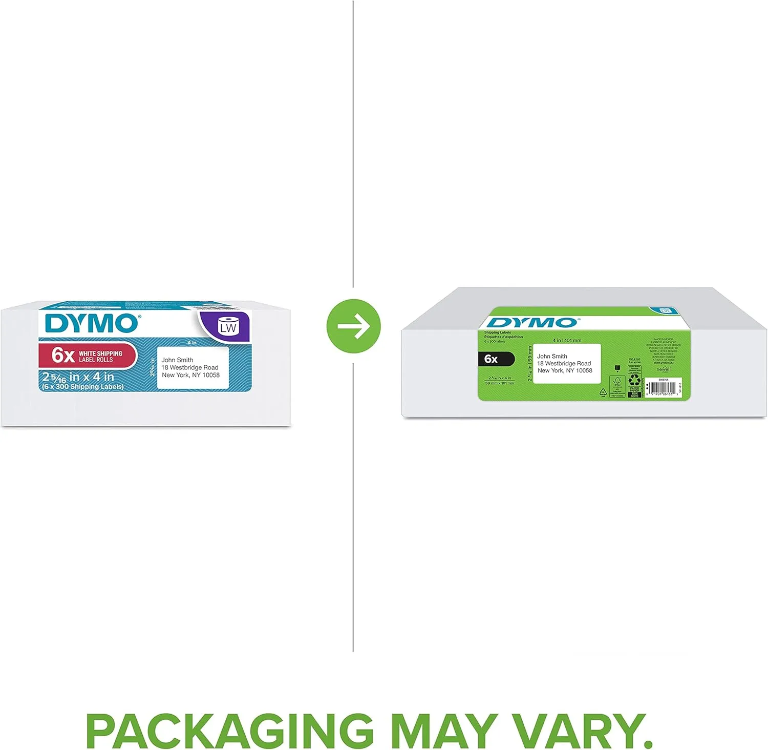 DYMO Authentic LW Large Shipping Labels, 2-5/16" x 4", 6 Rolls (1800 Labels)