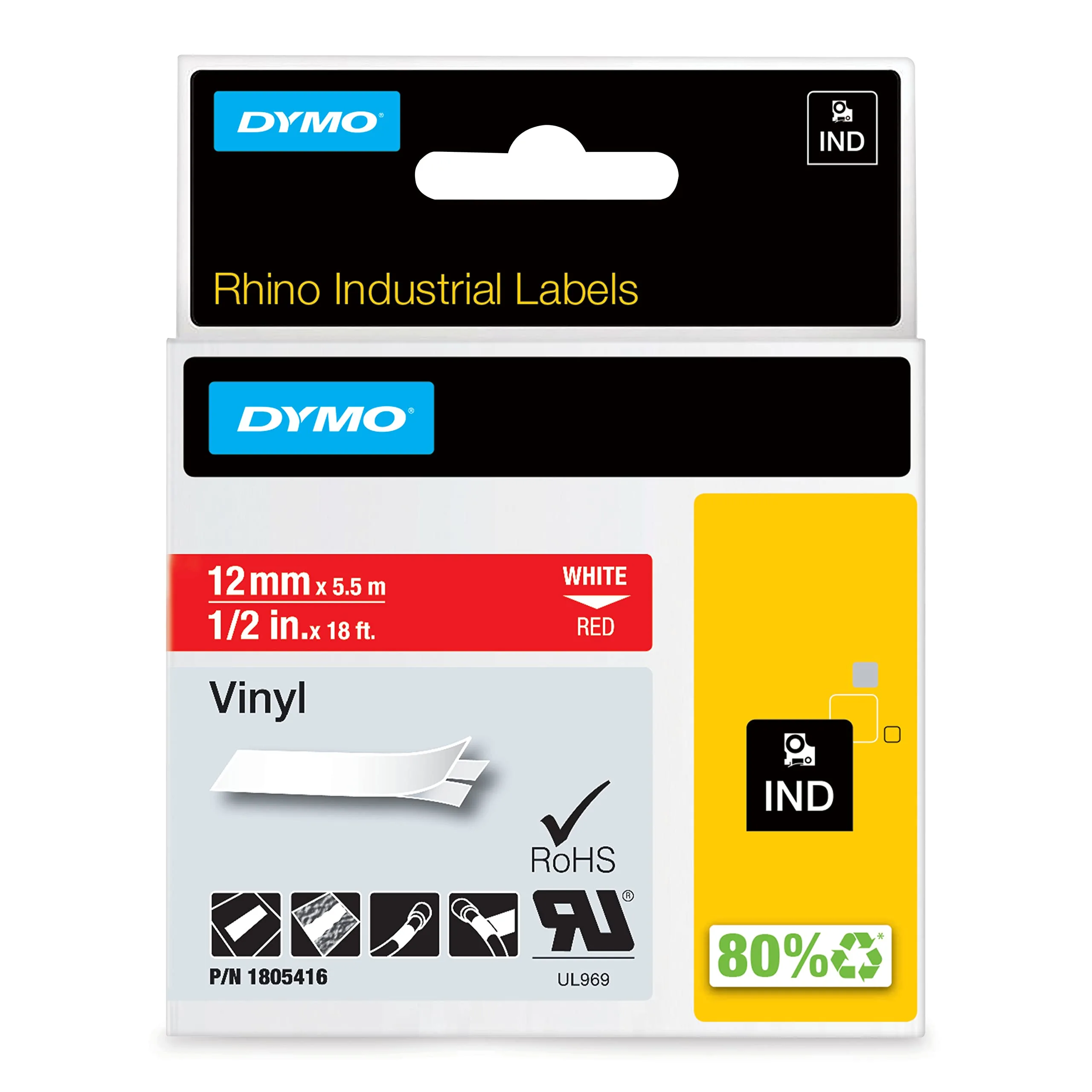 DYMO Rhino Industrial Adhesive Vinyl Label Tape 1/2in x 18ft