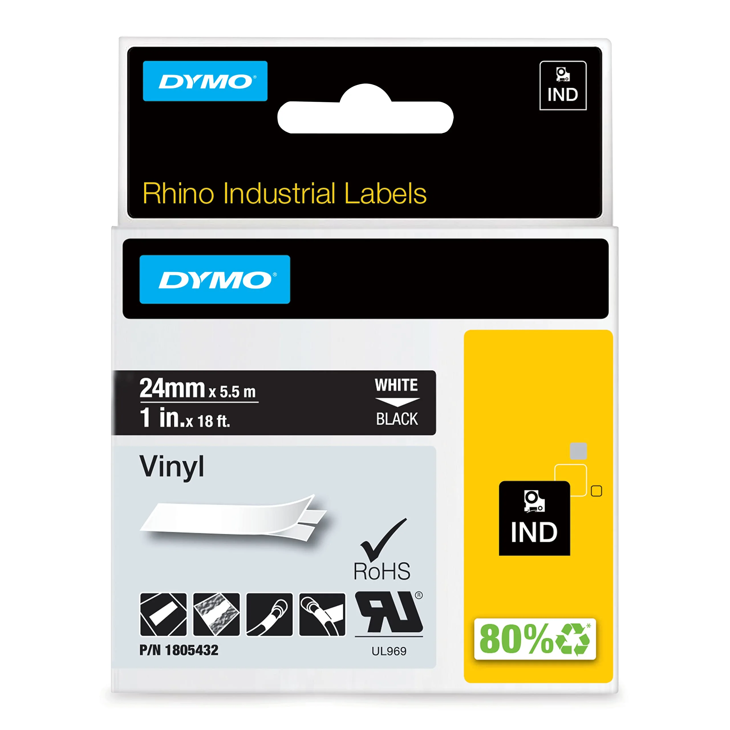 DYMO Rhino Adhesive Vinyl Label Tape, 18 ft Cassette