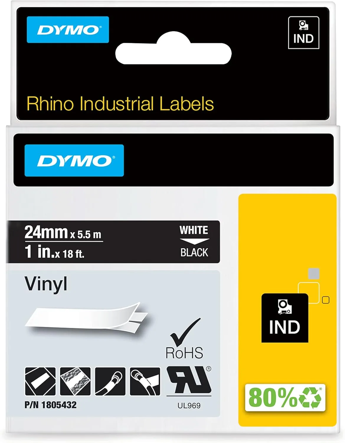 DYMO Rhino Adhesive Vinyl Label Tape, 18 ft Cassette