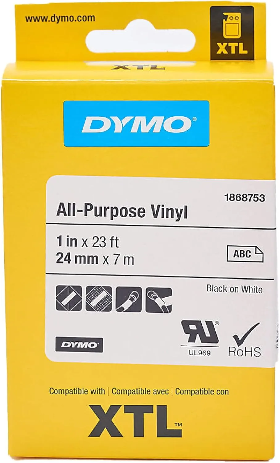 DYMO All-Purpose Labels for DYMO XTL Label Makers, Black on White, 1"; 1 Roll (1868753)