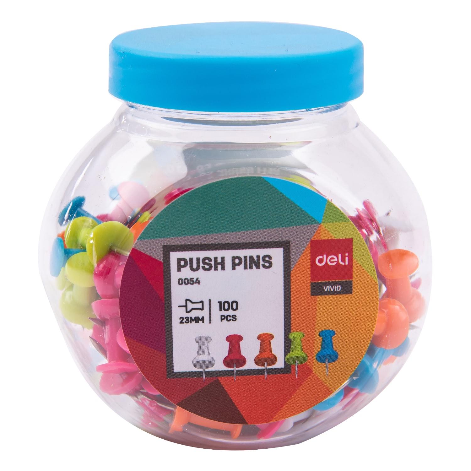 DELI E0054 PVC VIVID PUSH PINS -TUB/100s