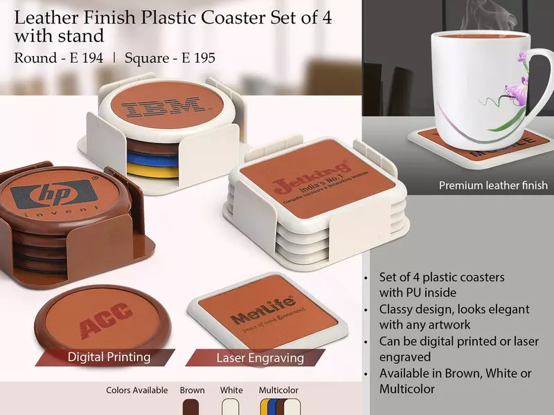 Leather finish Plastic coaster set of 4 with stand