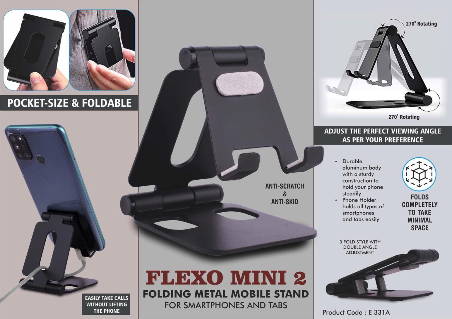 Flexo Mini 2: Folding Metal Mobile Stand for Smartphones and Tabs