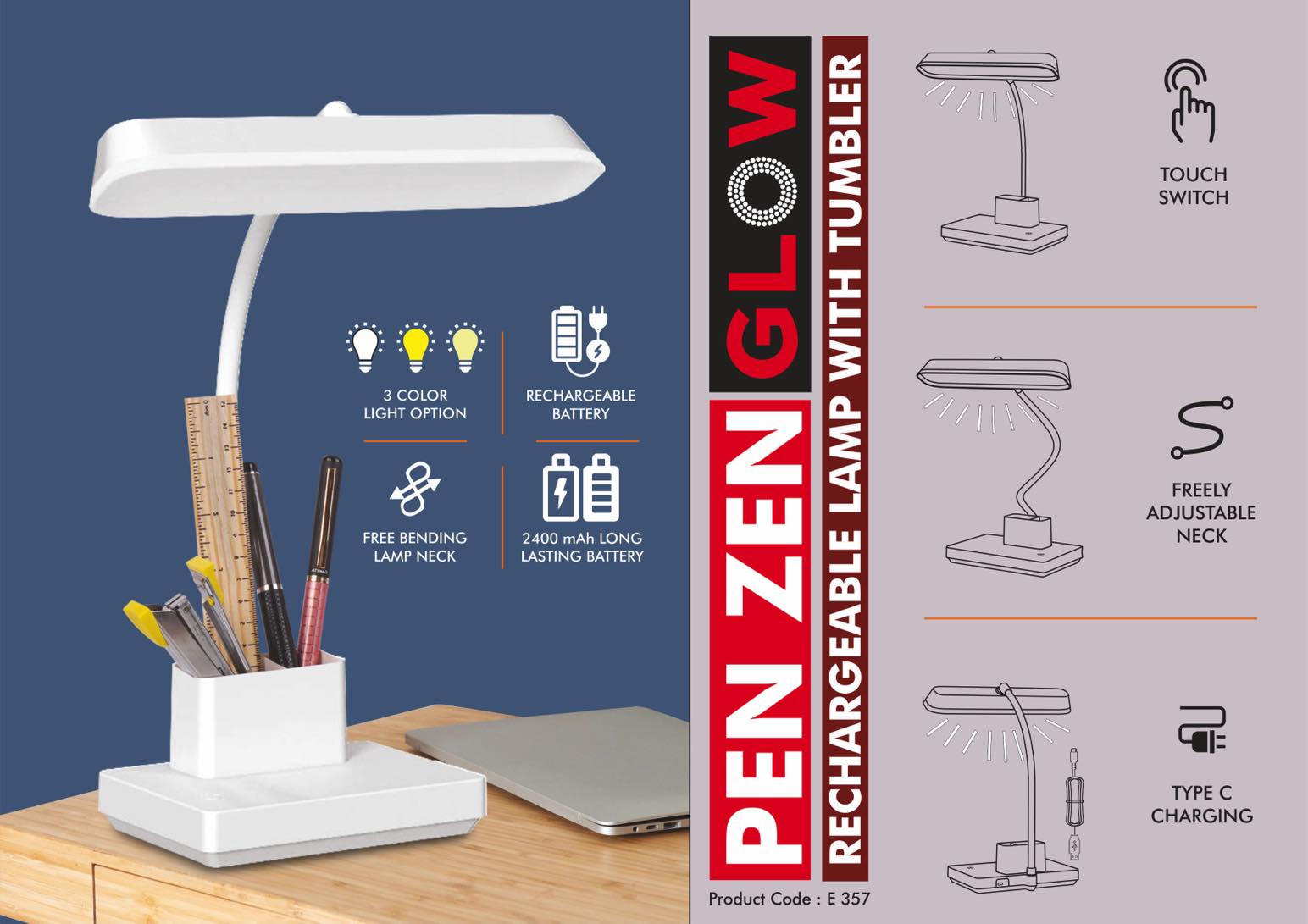 PenZen Glow: Rechargeable lamp with tumbler | 3 color light with Brightness adjustment