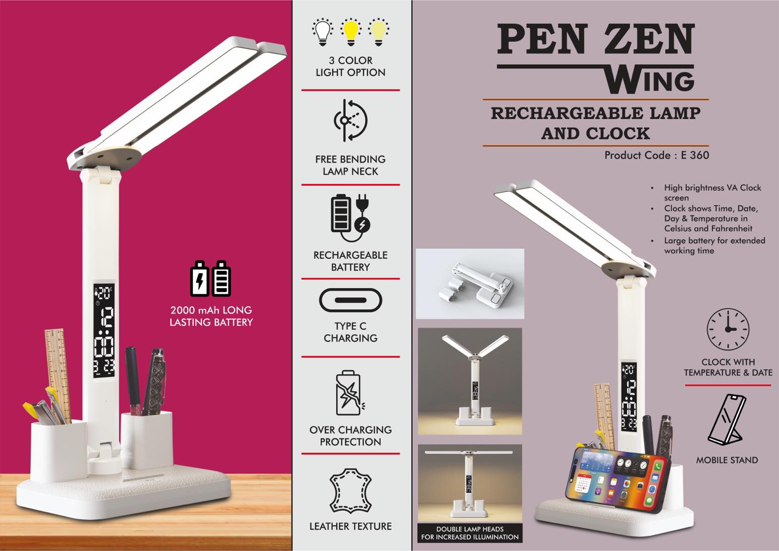 PenZen Wing: Rechargeable lamp with Dual tumbler | Clock with Temperature & Date |
