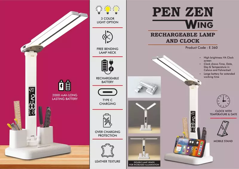 PenZen Wing: Rechargeable lamp with Dual tumbler | Clock with Temperature & Date |