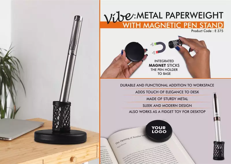 Vibe: Metal Paperweight with Magnetic Pen Stand