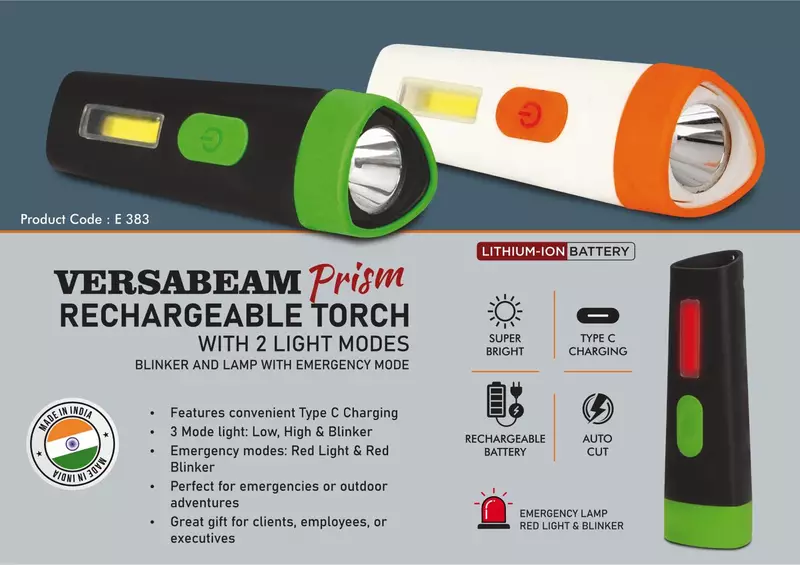 VersaBeam Prism: Rechargeable Torch with 2 light modes, Blinker and Lamp with Emergency mode