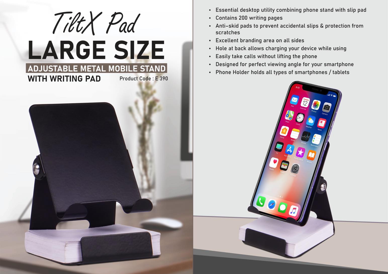 TiltX Pad: Large size Adjustable metal mobile stand with writing pad