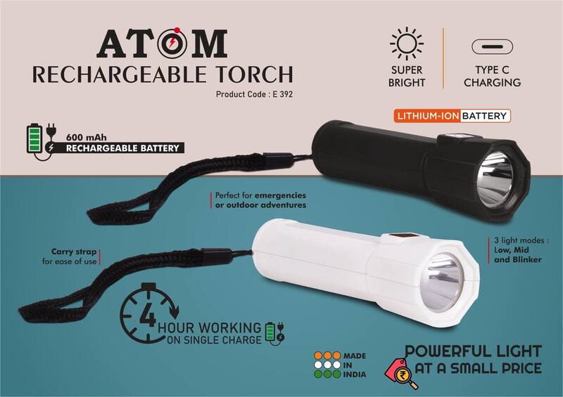 Atom: Rechargeable torch with Type C charging | 600 mah battery