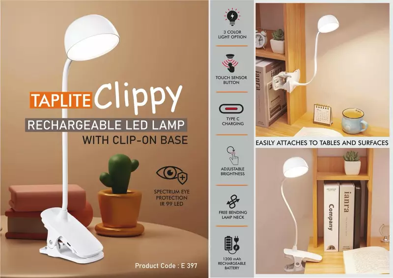 Taplite Clippy: Rechargeable LED lamp with clip on base