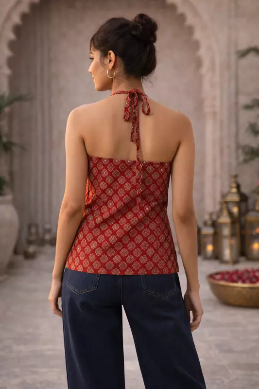Red Printed Halter Neck Top