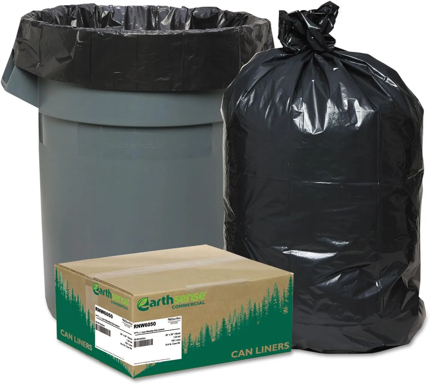 Earthsense Commercial Linear Low Density Recycled Can Liners, 60 Gal, 1.25 mil, 100 Count