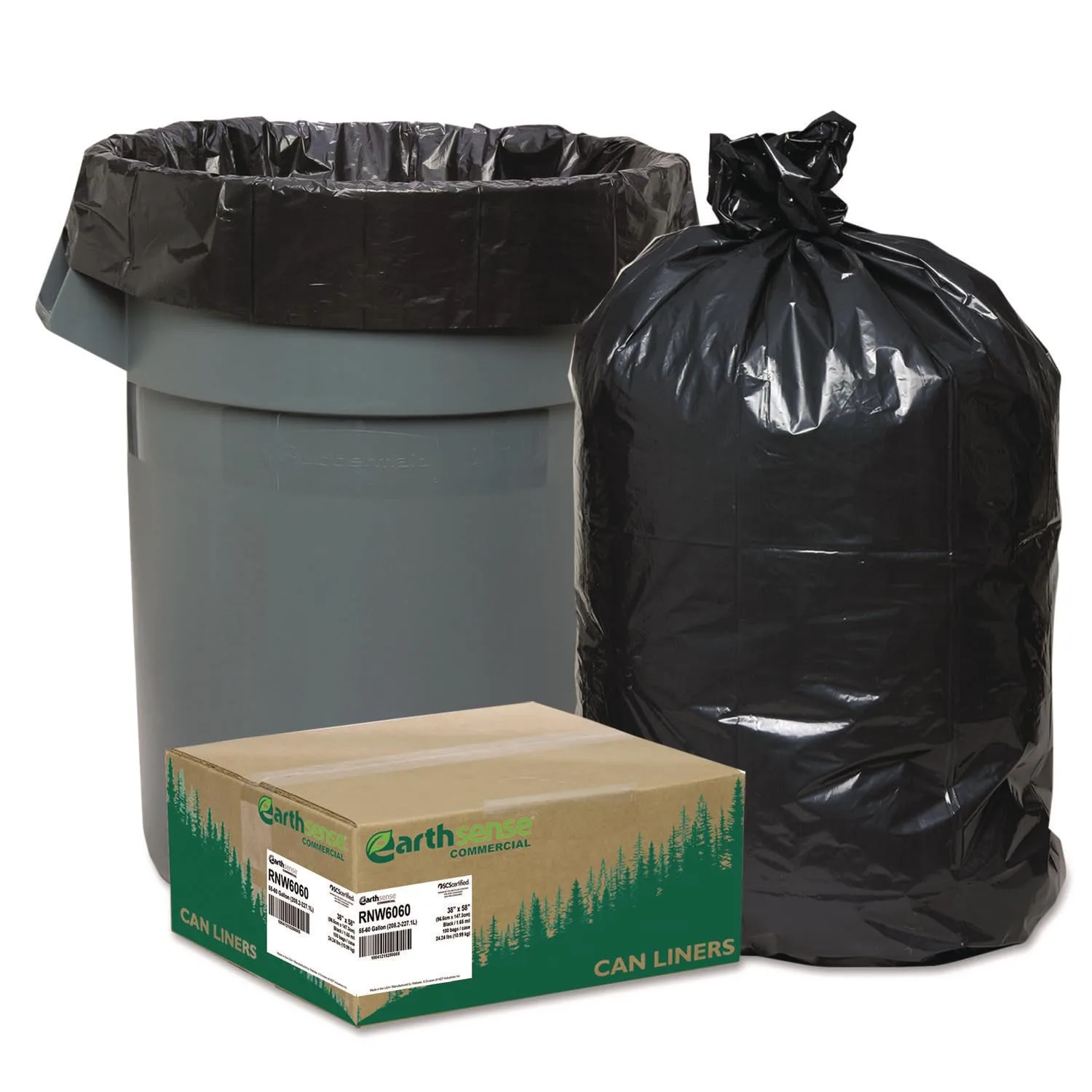 Earthsense Recycled Can Liners, 55-60gal, 1.65mil, 38 x 58, Black, 100/Carton