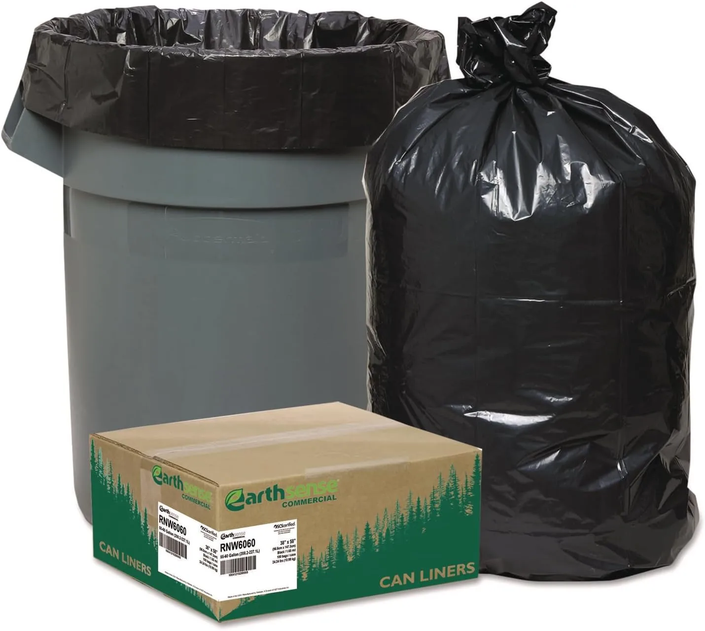 Earthsense Recycled Can Liners, 55-60gal, 1.65mil, 38 x 58, Black, 100/Carton