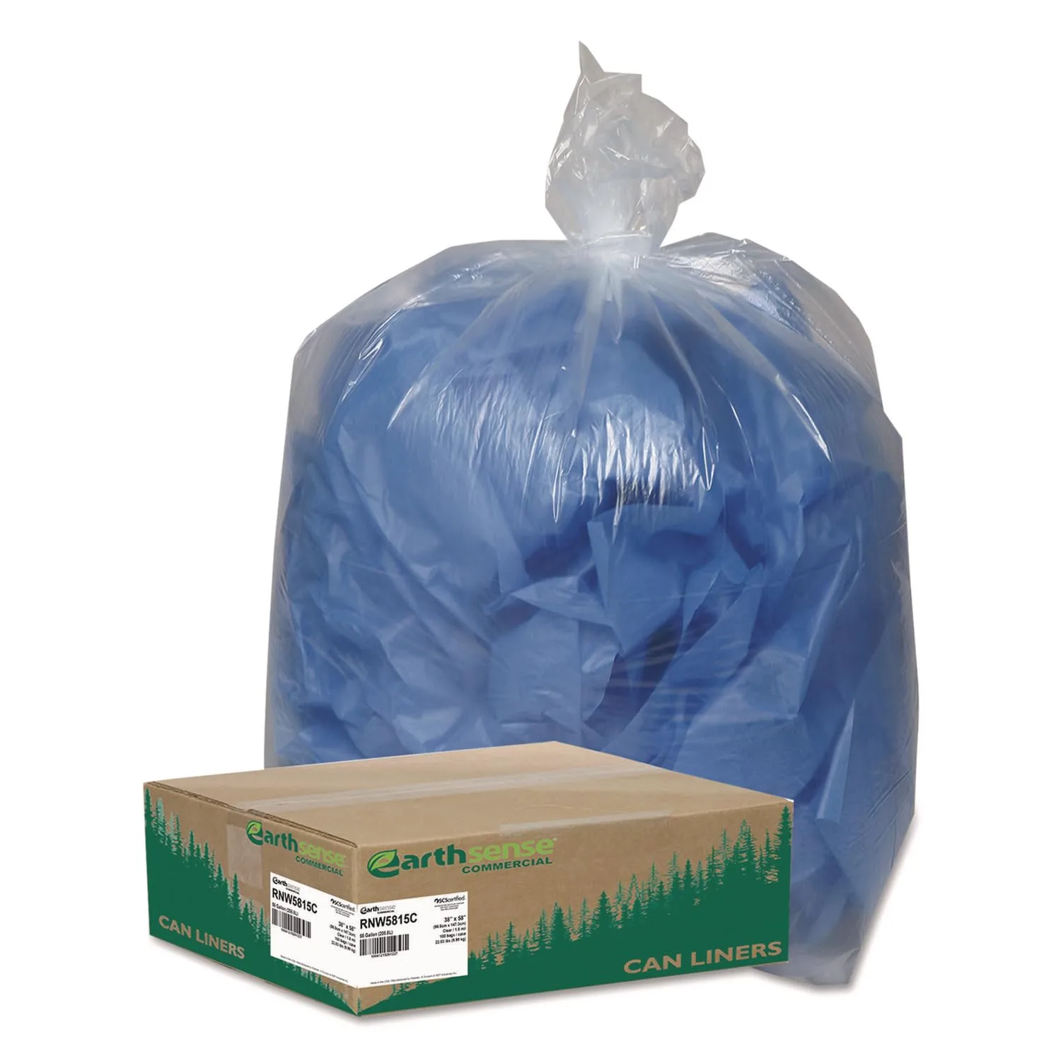 Earthsense Commercial RNW5815C Clear Recycled Can Liners - 60 gal, 1.5 mil, 38 x 58