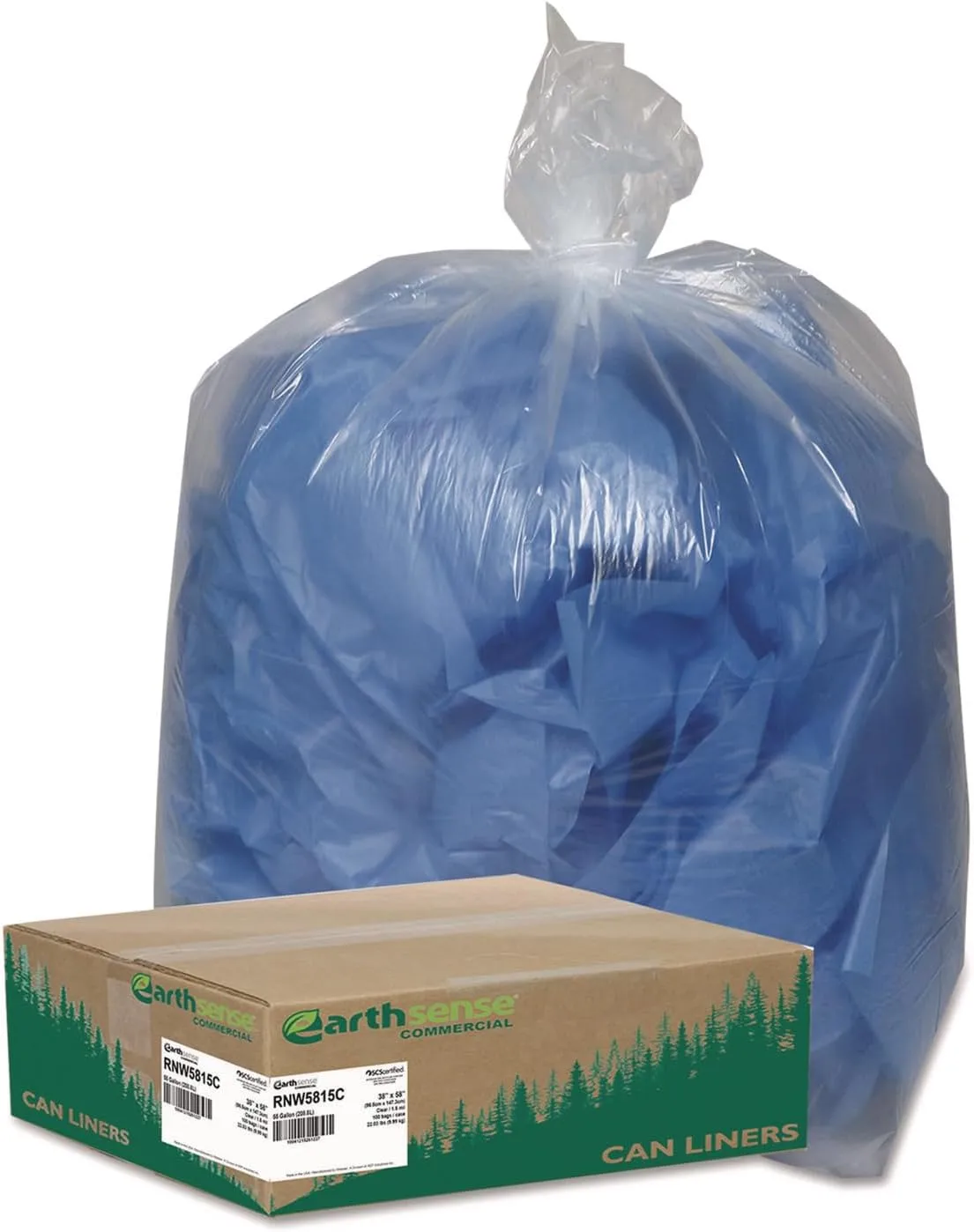 Earthsense Commercial RNW5815C Clear Recycled Can Liners - 60 gal, 1.5 mil, 38 x 58