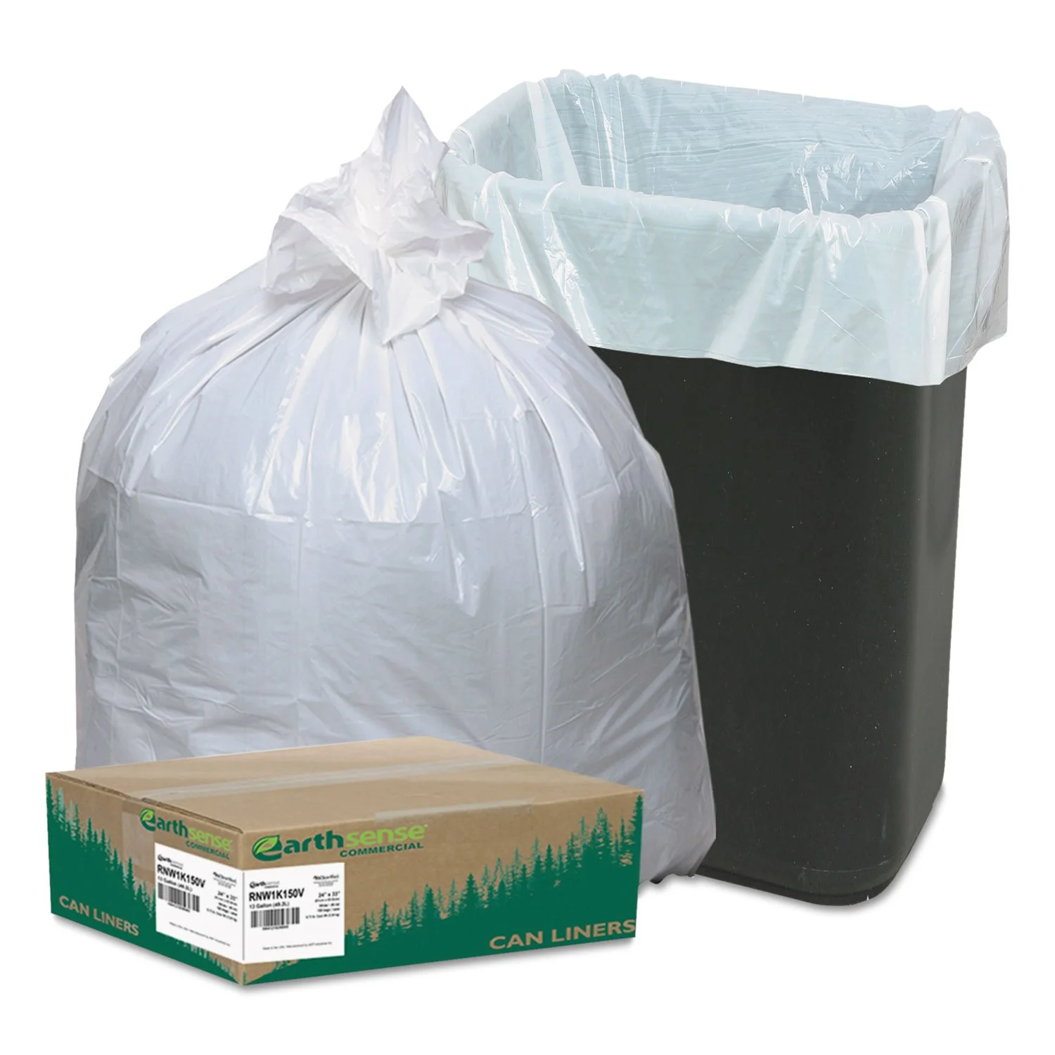 Earthsense RNW1K150V Recycled Trash Bags, 13 gal, 24 x 32, White, 150 Count
