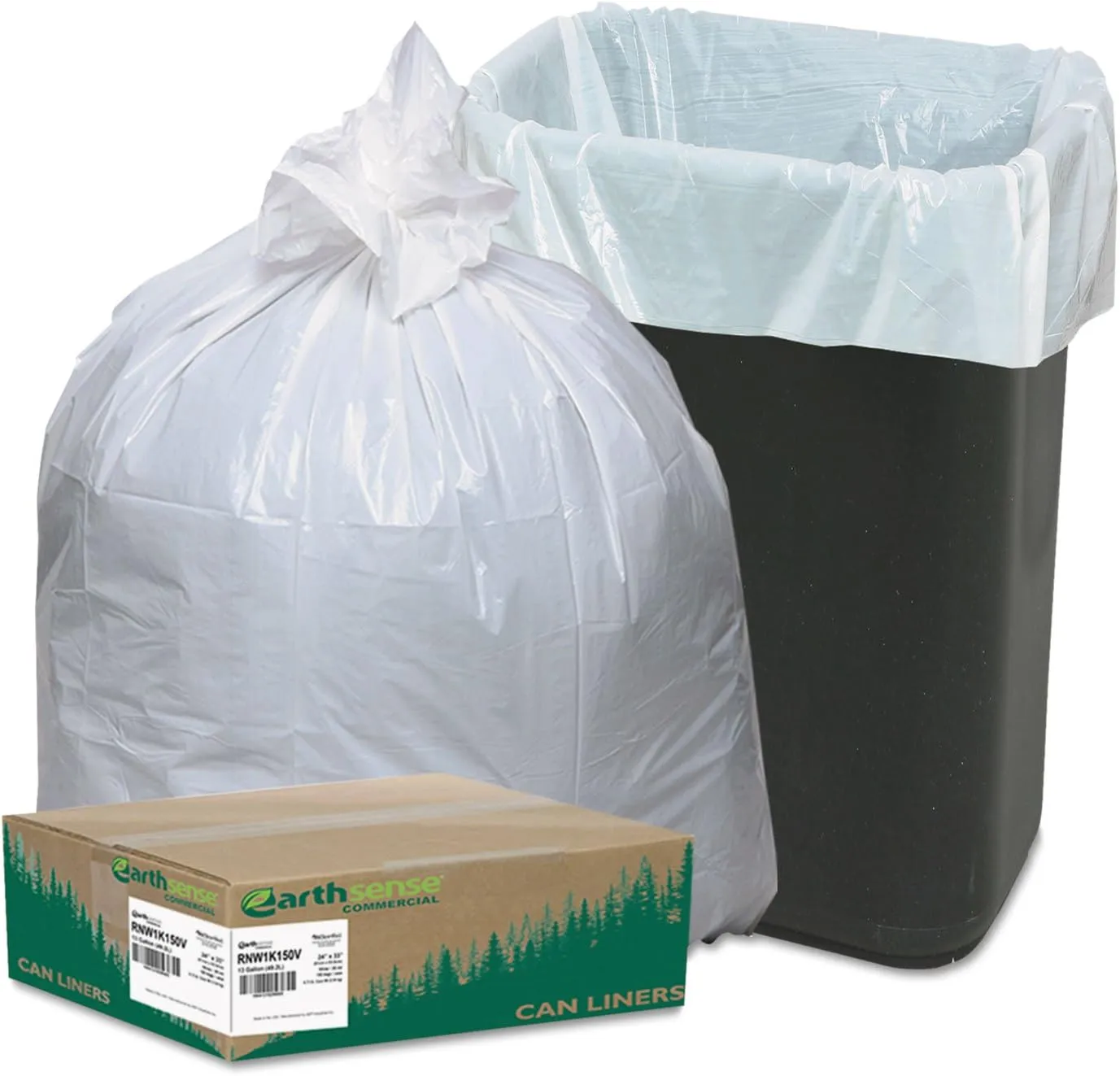 Earthsense RNW1K150V Recycled Trash Bags, 13 gal, 24 x 32, White, 150 Count