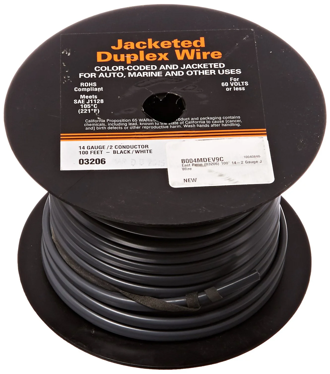 Deka East Penn (03206) 100' 14-2 Gauge Jacketed Wire,Black 100 Foot