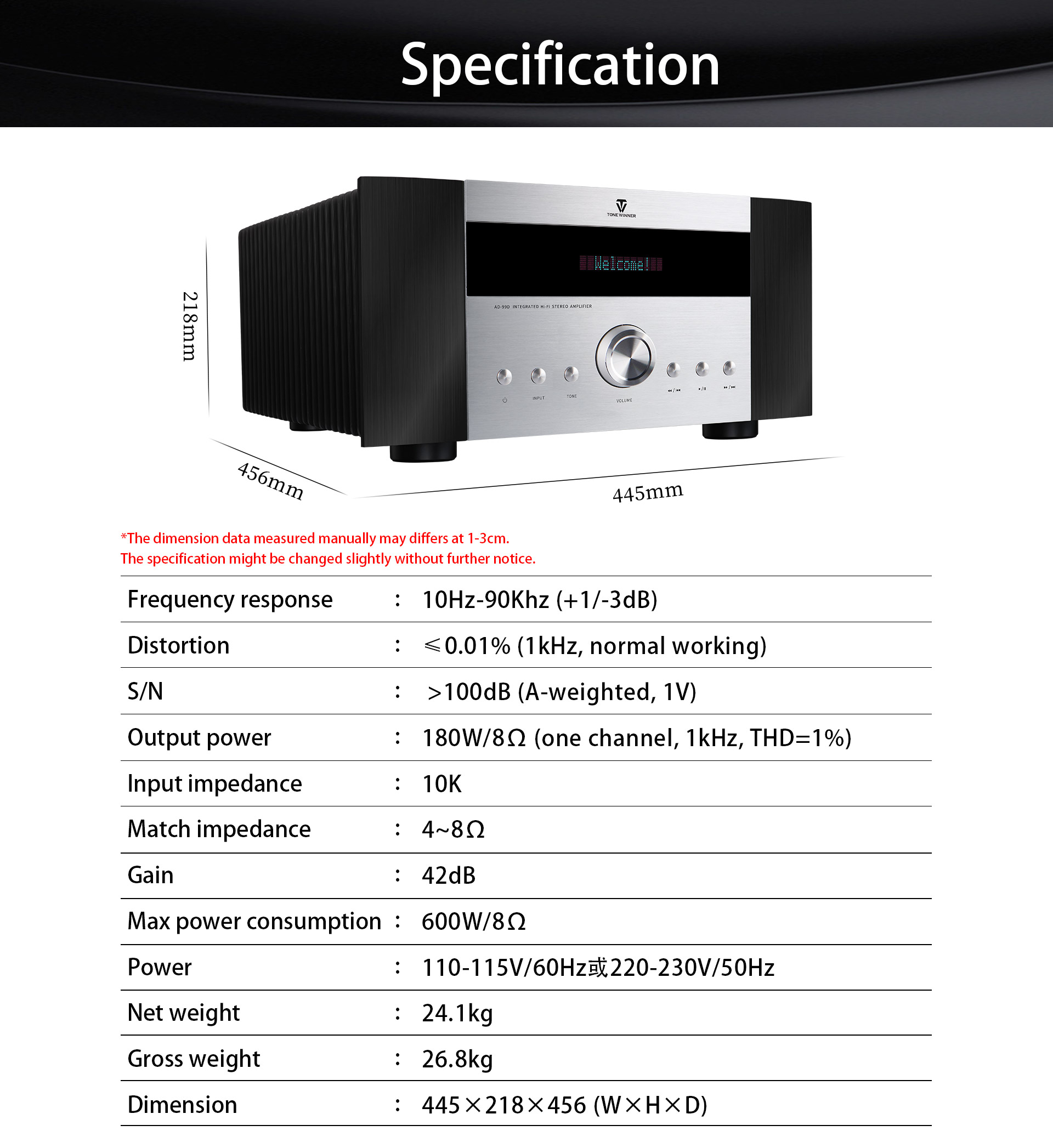 ToneWinner wholesale 2 ch stereo Hi-Fi combined amplifier