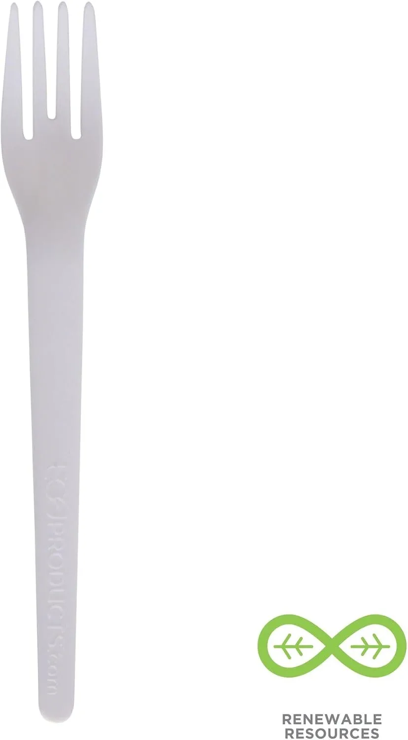 Eco-Products Compostable CPLA 6" Plastic Forks, Case of 1000, Disposable White Fork, Plantware Cutlery