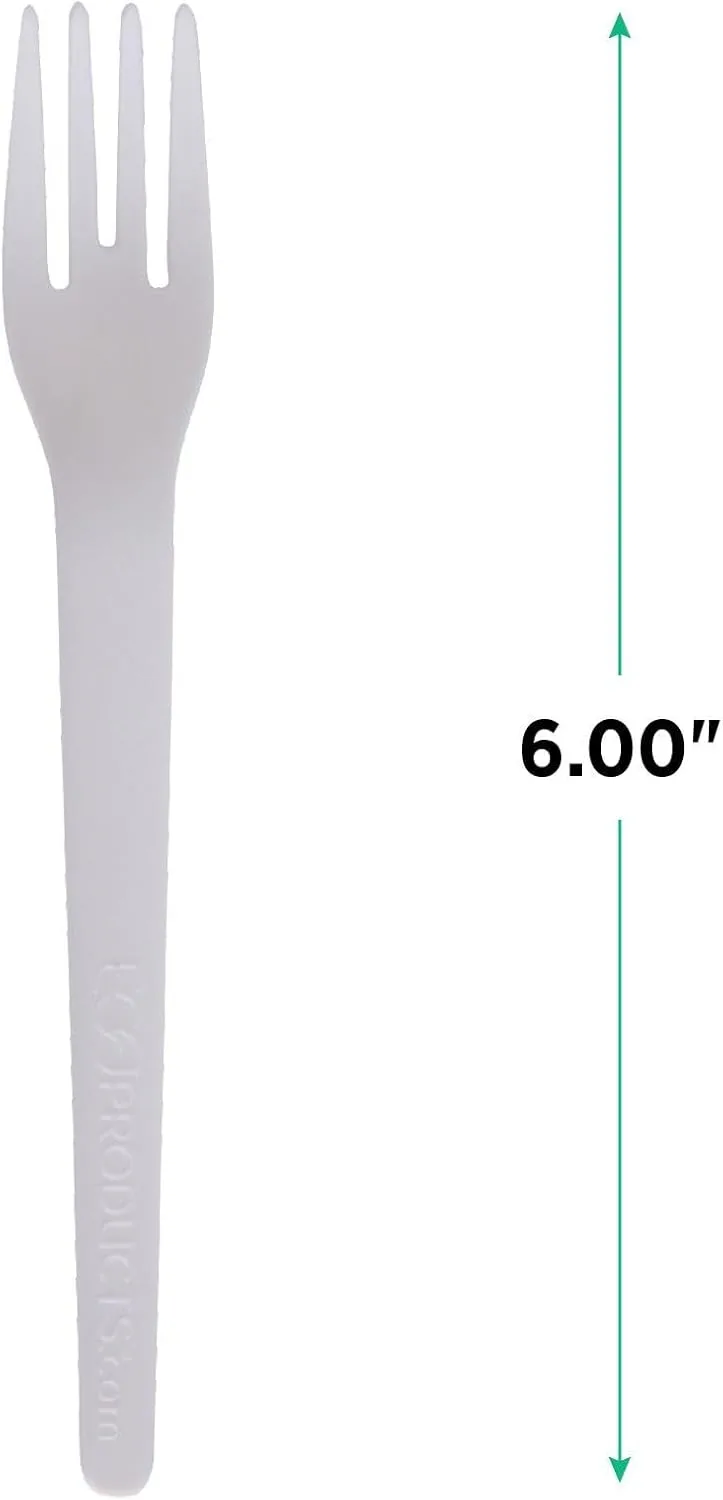 Eco-Products Compostable CPLA 6" Plastic Forks, Case of 1000, Disposable White Fork, Plantware Cutlery