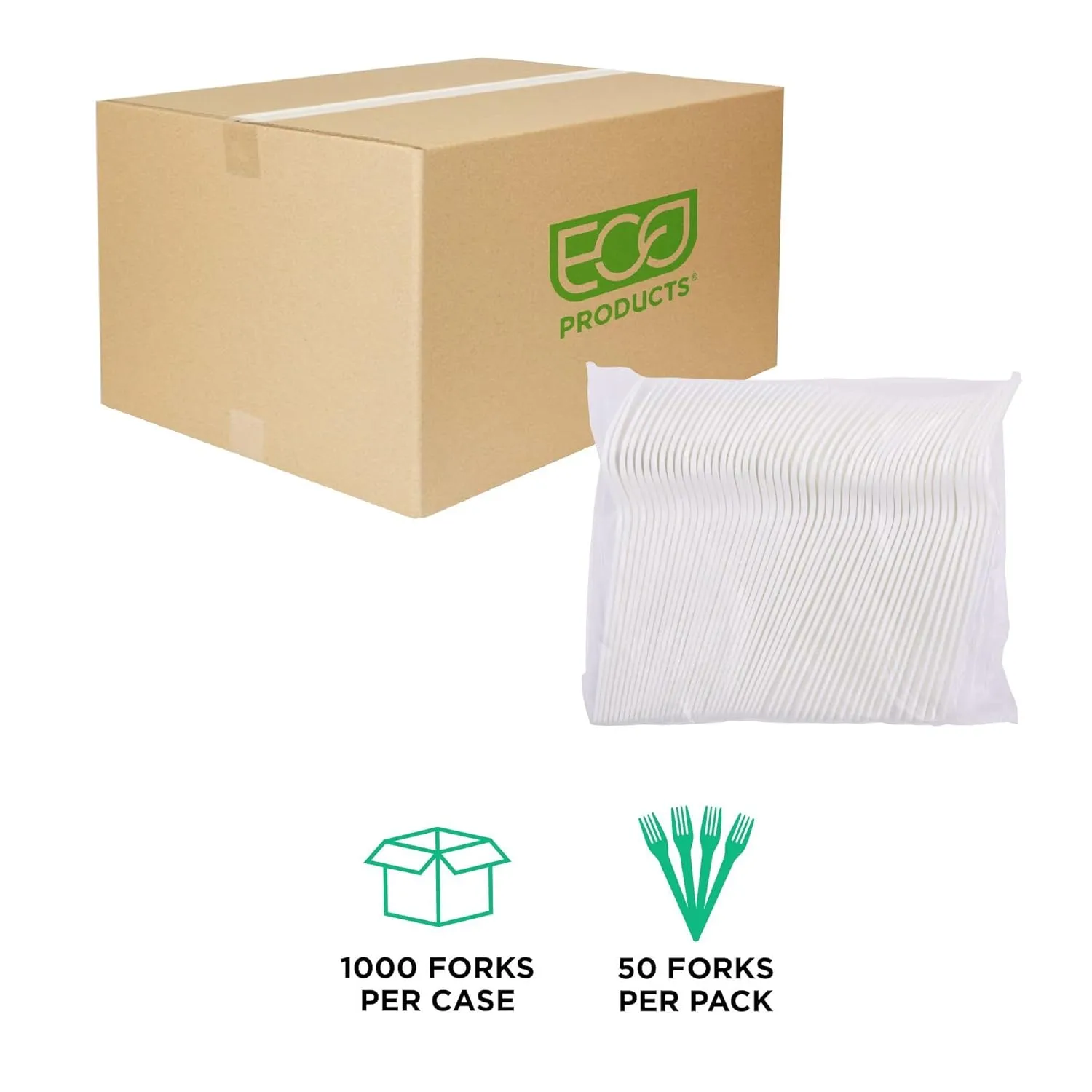 Eco-Products Compostable CPLA 7" Plastic Dinner Forks, Case of 1000, Disposable White Fork, Plantware Cutlery
