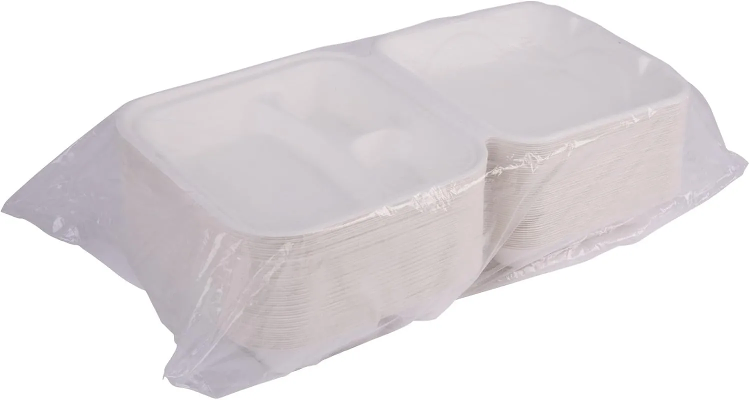 ECO PRODUCTS Compostable 8" Clamshell To Go Containers, Case of 200, 3 Compartment, Square Take Out Food Box