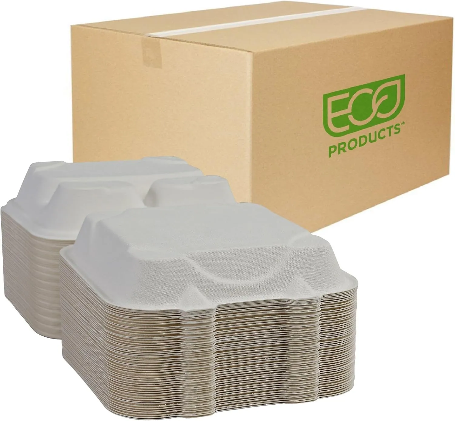ECO PRODUCTS Compostable 8" Clamshell To Go Containers, Case of 200, 3 Compartment, Square Take Out Food Box