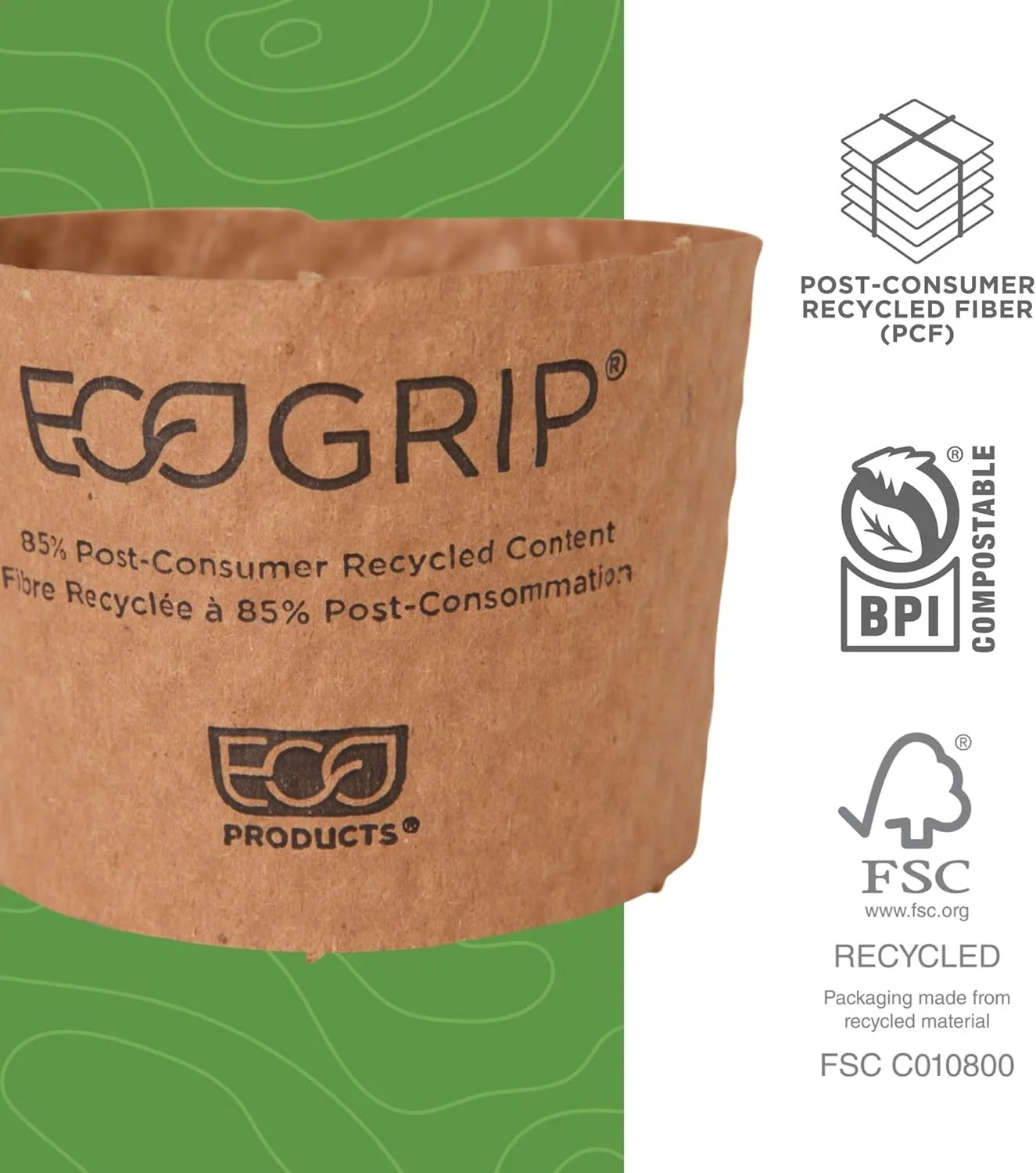 ECO PRODUCTS Recycled Coffee Cup Sleeves, Case Of 1300, Fits 10-20oz Hot Cups, Compostable