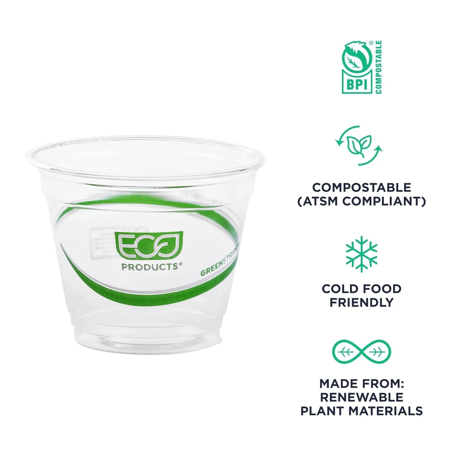 ECO PRODUCTS GreenStripe Clear Compostable 9oz PLA Plastic Cups, Case of 1000, Disposable Renewable Plant-Based Cold Cups