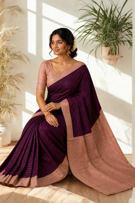 Art Silk Checked Saree Wine With Cream