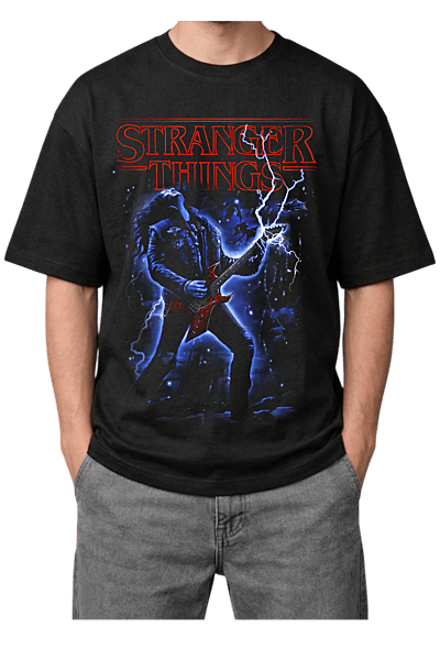 Stranger Things Eddie Munson Guitar Lightning Print Oversized Mens Black T-Shirt